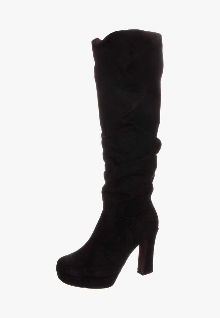 Botte en cuir suédé noir à talons hauts, arrivant au genou, avec un bout rond et un design tombant.