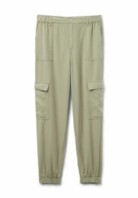 Khaki cargo kalhoty s elastickým pasem, zúženými nohavicemi a několika postranními kapsami pro užitek. Měkká, hladká tkanina s minimální texturou.