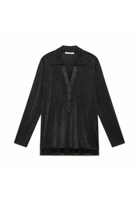 Camicia nera a maniche lunghe con una sottile trama glitterata, colletto, scollo a V profondo con bottoni e due tasche sul petto.
