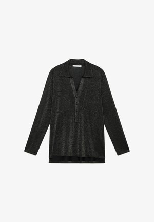 Camicia nera a maniche lunghe con una sottile trama glitterata, colletto, scollo a V profondo con bottoni e due tasche sul petto.