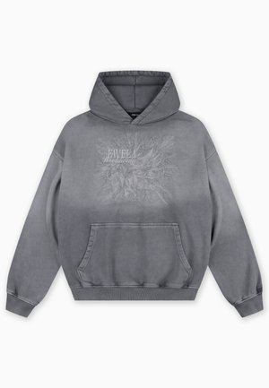 Sweat à capuche gris avec un imprimé texturé présentant "FAVELA Worldwide" et un motif d'aigle, poche kangourou à l'avant et poignets côtelés.