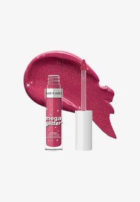 Rouge à lèvres liquide scintillant rose vif dans un tube transparent avec un capuchon et un applicateur blancs. Accompagné d'un échantillon d'un produit pailleté assorti.
