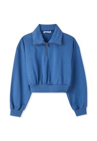 Felpa blu corta realizzata in tessuto morbido, con colletto rialzato, chiusura a mezzo zip e orlo arricciato. Maniche lunghe e leggermente voluminose.