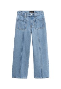 Jean large bleu clair en denim, avec taille haute, deux poches avant et une fermeture à bouton avec passants de ceinture.