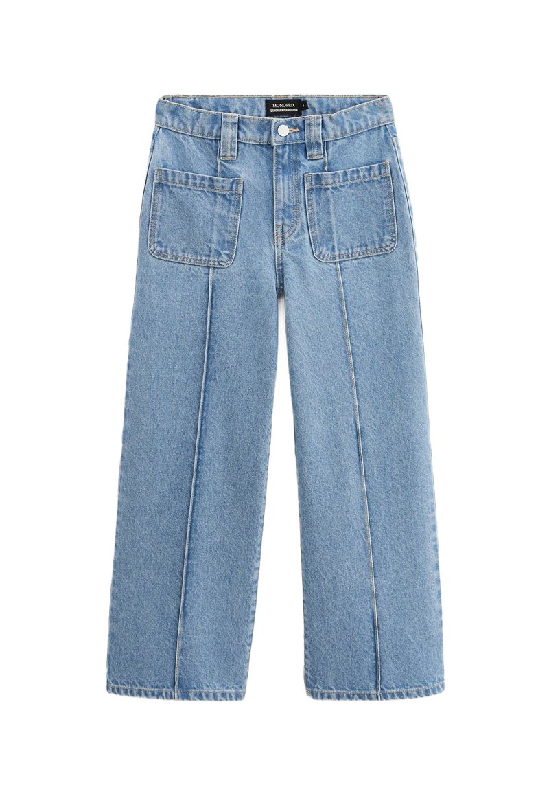 Jean large bleu clair en denim, avec taille haute, deux poches avant et une fermeture à bouton avec passants de ceinture.