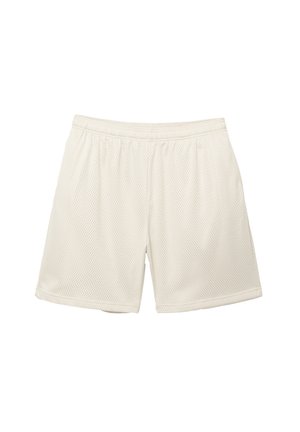 Light beige mesh shorts with an elastic waistband, featuring a breathable texture and a loose fit for comfort during activity.