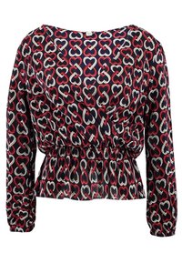 Blusa a maniche lunghe in blu navy con un motivo a cuori ripetuto in rosso e bianco, caratterizzata da una vita arricciata e una texture plissettata.