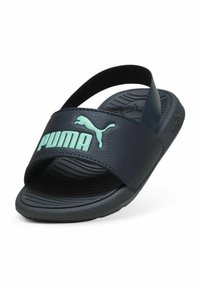 Tamno plave klizne sandale izrađene od sintetičkog materijala s teksturiranom podlogom. Imaju široku traku s "PUMA" logotipom u mint zelenoj boji.