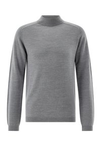 Grauer Pullover mit hochgeripptem Kragen, langen Ärmeln und gerippten Bündchen. Hergestellt aus einem glatten, weichen Strickmaterial.