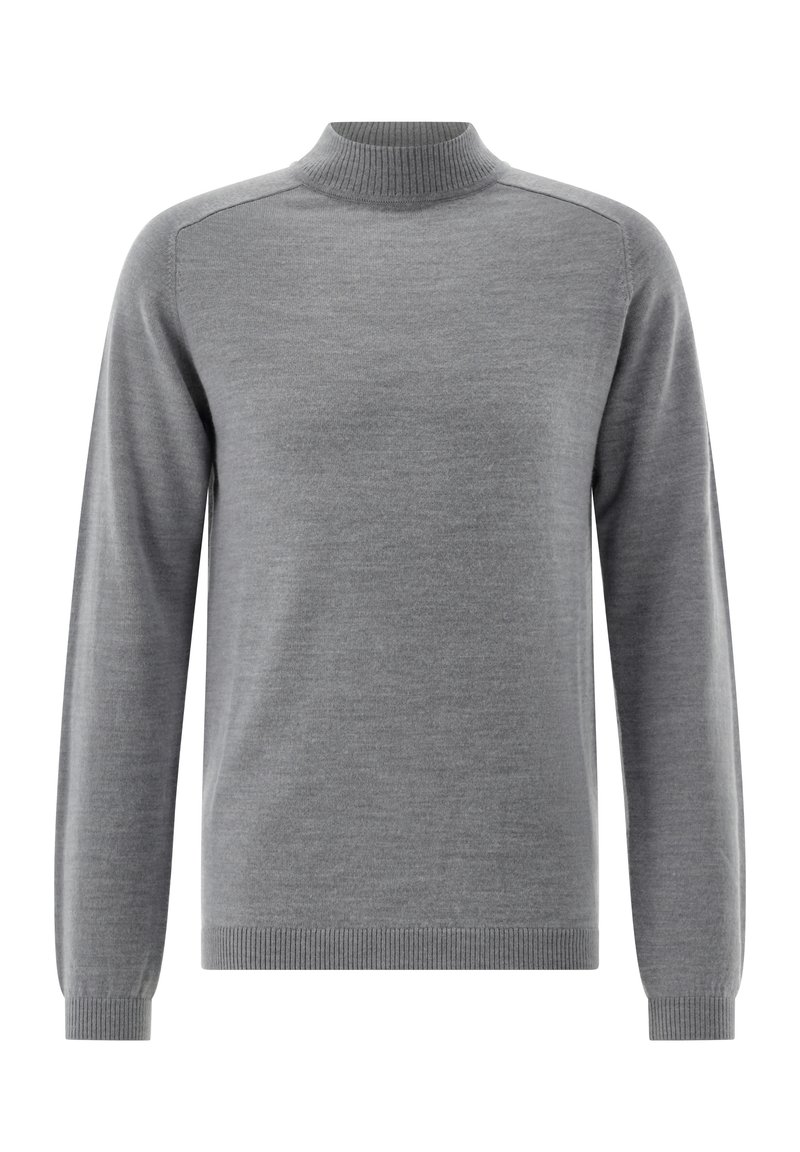 Grauer Pullover mit hochgeripptem Kragen, langen Ärmeln und gerippten Bündchen. Hergestellt aus einem glatten, weichen Strickmaterial.