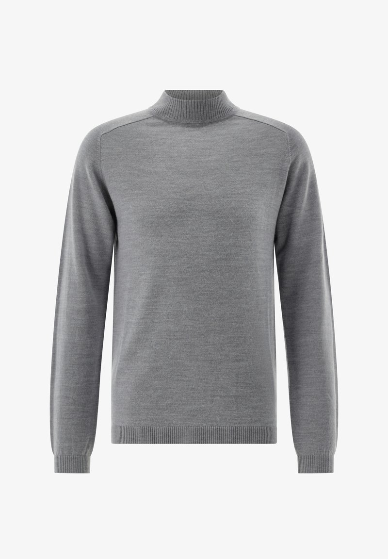 Grauer Pullover mit hochgeripptem Kragen, langen Ärmeln und gerippten Bündchen. Hergestellt aus einem glatten, weichen Strickmaterial.