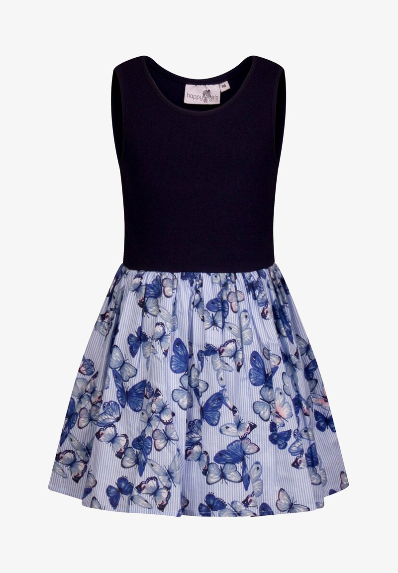 Sukienka bez rękawów z górą w jednolitym granatowym kolorze oraz rozkloszowaną spódnicą w niebieskie motyle na jasnoniebieskim paskowanym tle.
