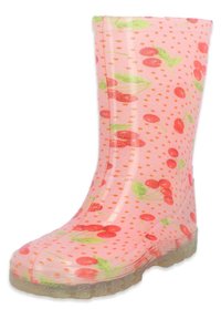 Botte de pluie en caoutchouc rose avec des motifs de cerises et de feuilles vertes, en matériau translucide, bout rond et semelle extérieure transparente texturée.