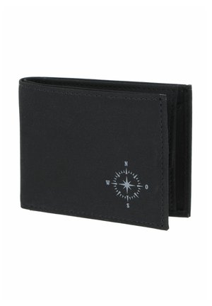 Portefeuille noir bifold avec bords cousus et petit graphique blanc de boussole dans le coin inférieur droit.