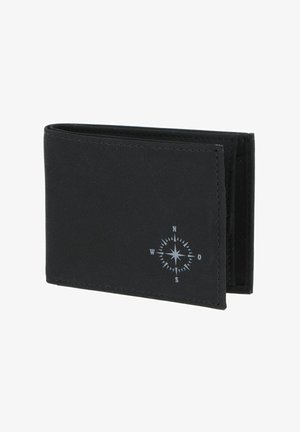 Portefeuille noir bifold avec bords cousus et petit graphique blanc de boussole dans le coin inférieur droit.