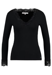 Schwarzes Langarmoberteil mit V-Ausschnitt, verziert mit einer Spitzenborte entlang des Kragens und der Ärmelbündchen. Hergestellt aus glattem Stoff mit einer taillierten Passform.
