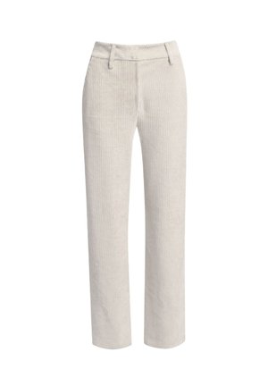 Helle beige Corduroyhosen im geraden Schnitt mit vertikalen Rippungen, flachem Vorderteil und Gürtelschlaufen.