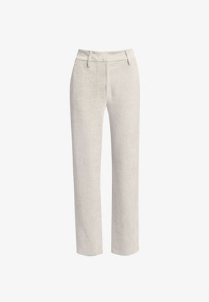 Helle beige Corduroyhosen im geraden Schnitt mit vertikalen Rippungen, flachem Vorderteil und Gürtelschlaufen.