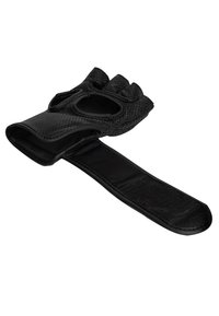 Zwarte fitnesshandschoen met een ontwerp zonder vingers, textuurmateriaal, gepolsterde palm en verstelbare klittenbandsluiting voor een veilige pasvorm.