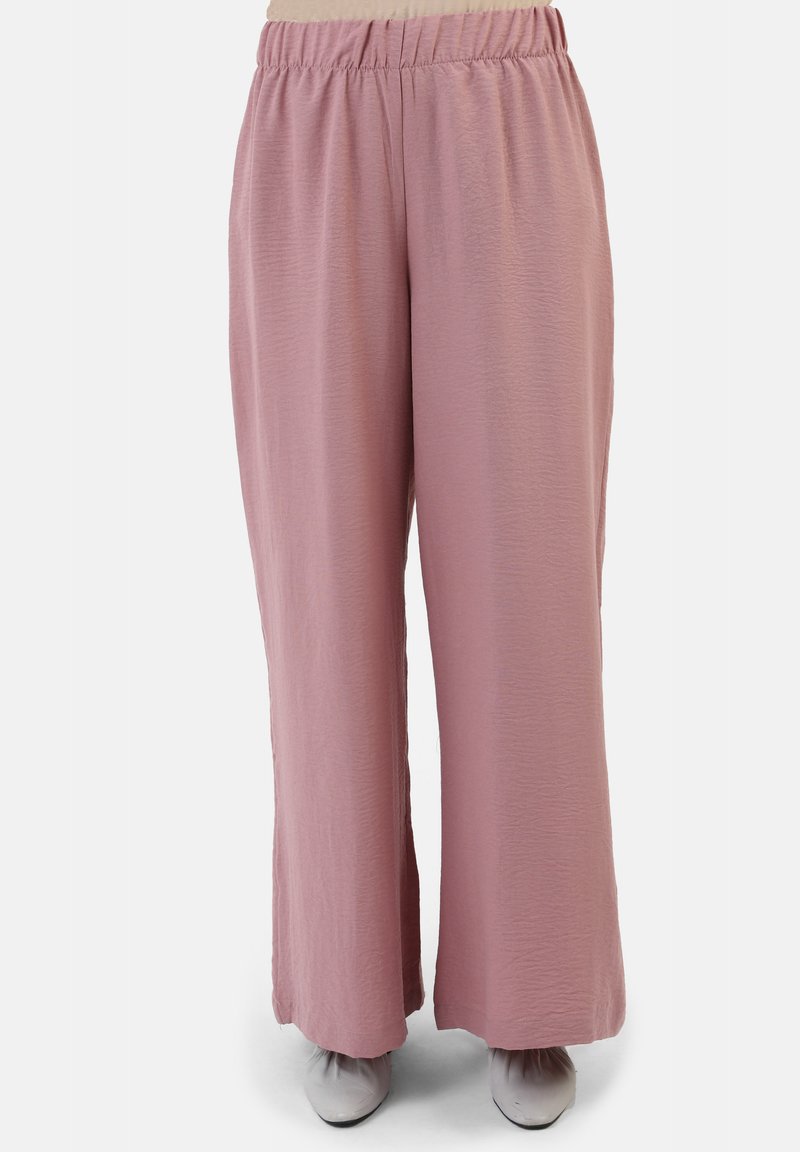 Lichtroze wijde broek met een elastische tailleband, gemaakt van een gestructureerde stof, met een losse silhoeet voor comfort en bewegingsvrijheid.
