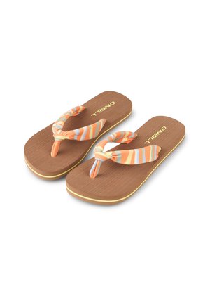 Brązowe japonki O'Neill z miękkimi podeszwami i paskami z materiału w pomarańczowo-niebiesko-białe paski, związane na supeł.