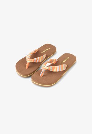 Infradito marroni O'Neill con suole imbottite e cinturini in tessuto a righe arancioni, blu e bianche annodati.