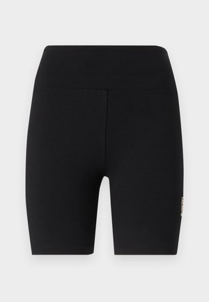 Pantalones cortos de ciclismo negros, hechos de una tela elástica, con una cintura alta y un pequeño logotipo en el lateral. Textura suave, hasta la rodilla.