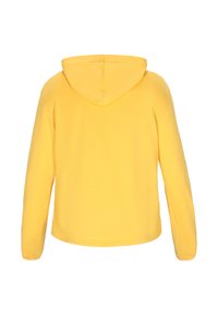 Felpa gialla con cappuccio e maniche lunghe, realizzata in materiale morbido. Presenta un orlo arrotondato e dettagli di cucitura sul retro.