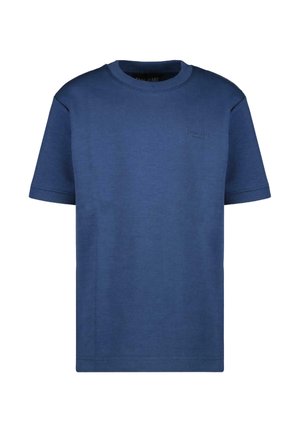 Blauwe katoenen t-shirt met korte mouwen, ronde halslijn en een klein reliëflogo op de borst. Soepele textuur en reguliere pasvorm.