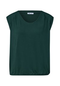 Dark green sleeveless blouse with a round neckline and slightly gathered hem, shown on a white background.