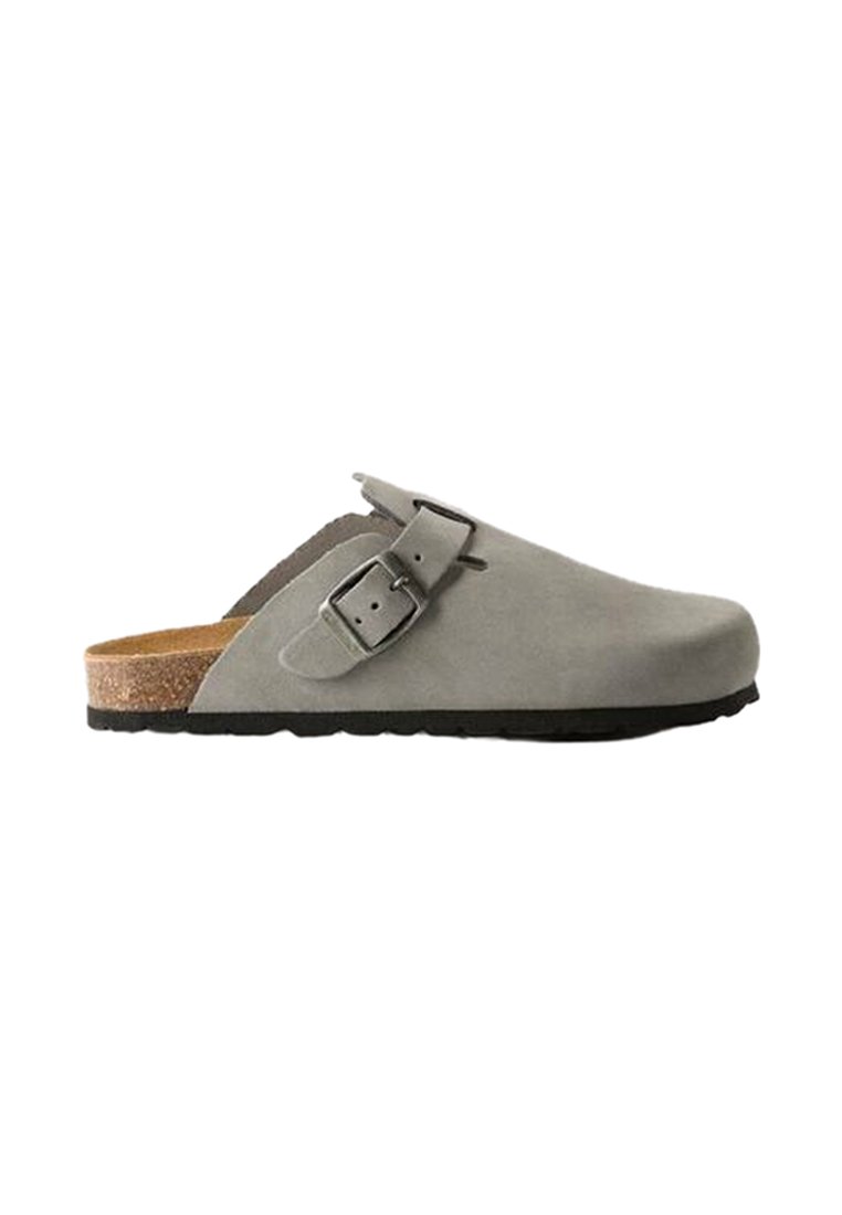 Gray suede clog with a wide strap and adjustable metal buckle, featuring a cork footbed and a textured rubber outsole.