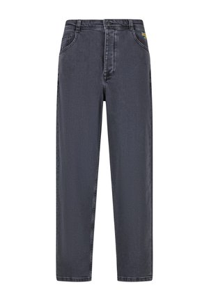 Dark gray denim jeans with a straight leg design, five pockets, and subtle stitching. Features a logo tag on the waistband.