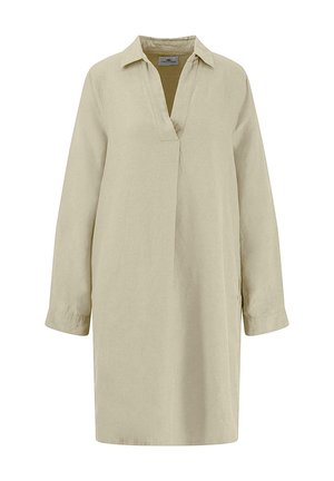 Osvetlitev bež lanena obleka s ovratnikom, dolgimi rokavi in V-izrezom. Ima ohlapen kroj in stranske razpoke za udobje.