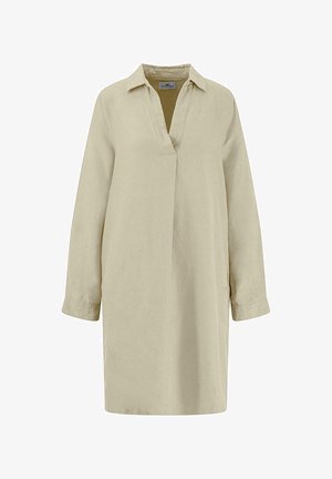 Světle béžové lněné šaty s límečkem, dlouhými rukávy a V-výstřihem. Mají volný střih a boční rozparky pro pohodlí.