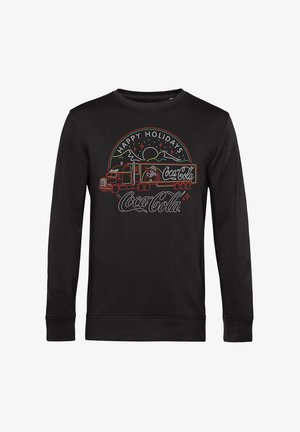 Sort langærmet sweatshirt med et ferieinspireret design, der viser en Coca-Cola lastbil, bjerge og tekst med hvide og røde accenter.