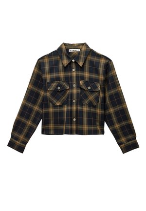 Cropped flannel shirt in navy, green, and brown check pattern. Features a classic collar, two chest pockets, and button closure. Smooth texture.