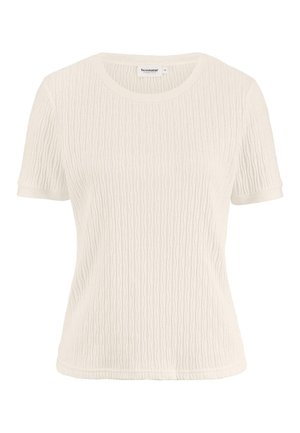 White short-sleeve knit top with textured vertical wave pattern and round neckline, size 36, labeled "hessnatur".