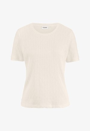 White short-sleeve knit top with textured vertical wave pattern and round neckline, size 36, labeled "hessnatur".