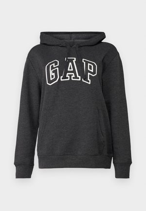 Dark gray hoodie made of soft fabric featuring a kangaroo pocket, drawstring hood, and large white "GAP" logo on the front.