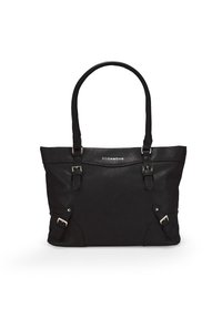 Bolsa tote sintética negra con dos asas superiores, acentos de hardware plateado y detalles de hebilla en los lados. Textura suave, forma estructurada.