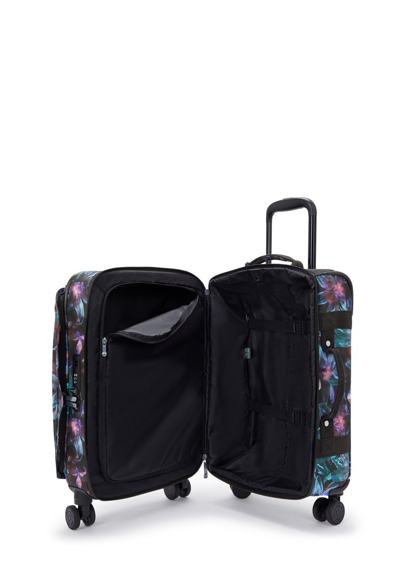 Valise noire avec un motif floral coloré, deux compartiments, poches zippées, une poignée rétractable et quatre roues pour une manœuvrabilité facile.