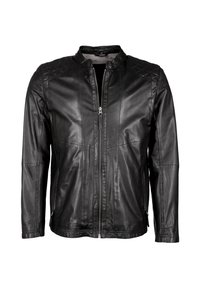 Zwarte leren jas met een ritssluiting, gequiltte schouderaccenten en een staande kraag. Gladde textuur en getailleerde pasvorm.