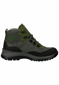 Groene en grijze wandelschoenen met een hoog enkeldesign, gestructureerde oppervlakken, versterkte teentippers en een gespikkelde zwarte zool.