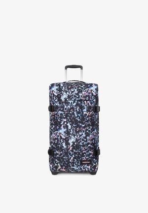 Rollkoffer mit schwarzem Boden und mehrfarbigem, abstraktem Muster. Verfügt über einen ausziehbaren Griff, zwei Schnallen und mehrere Fächer.