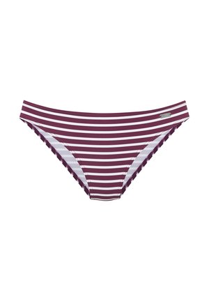 Dámske plavkové nohavičky s horizontálnymi pruhmi v gaštanovej a bielej farbe, s nízkym pásom a malou obdĺžnikovou kovovou značkou na pravej strane.