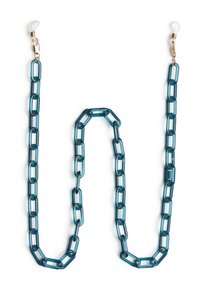 Teal-akryylinen ketju, jossa on suorakulmaiset lenkit, kultaiset kiinnikkeet ja kirkkaat kumiliittimet kummassakin päässä turvallista kiinnittämistä varten.