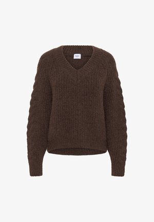 Brauner gestrickter Pullover mit V-Ausschnitt, langen Ärmeln und strukturiertem Zopfmuster, markiert mit "Saint".