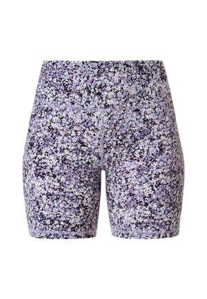 Damesbiker shorts met hoge taille en strakke pasvorm, voorzien van een dicht bloemenpatroon in tinten paars, lila, zwart en wit.