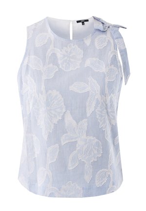 Lichtblauwe mouwloze blouse met witte bloemenborduursels en verticale strepen. Heeft een strikdetail op de schouder en een keyhole aan de achterkant.