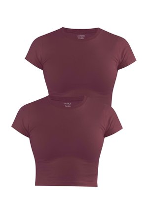 Burgundy short-sleeve cropped T-shirts, made from soft fabric, featuring a classic crew neck and smooth texture. Two shirts displayed.